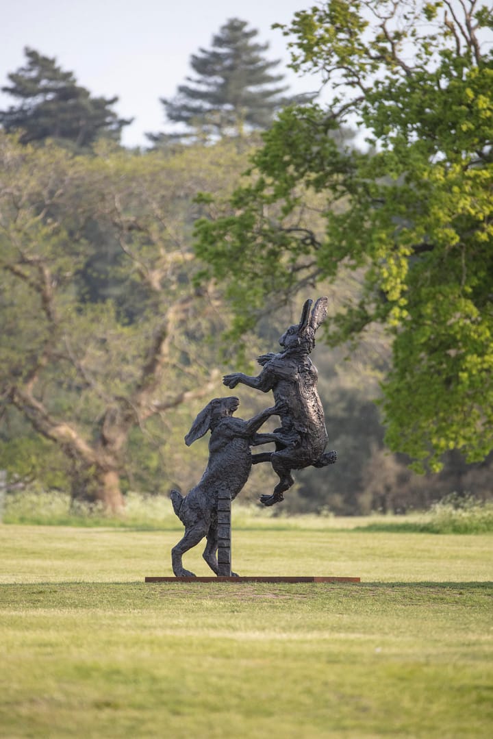 Completed sculpture of hares mid fight, set amongst a lush green landscape. Photo credits: Hamish Mackie; Charles Sainsbury Plaice